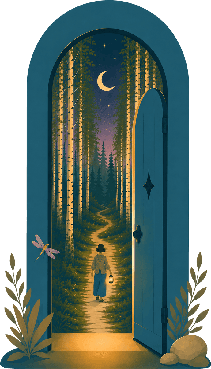 An open turquoise door on a path through an aspen forest