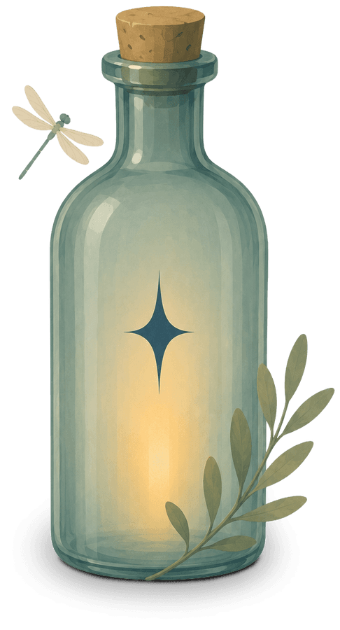 A sea glass green bottle with a candlelight glow and a four-point star