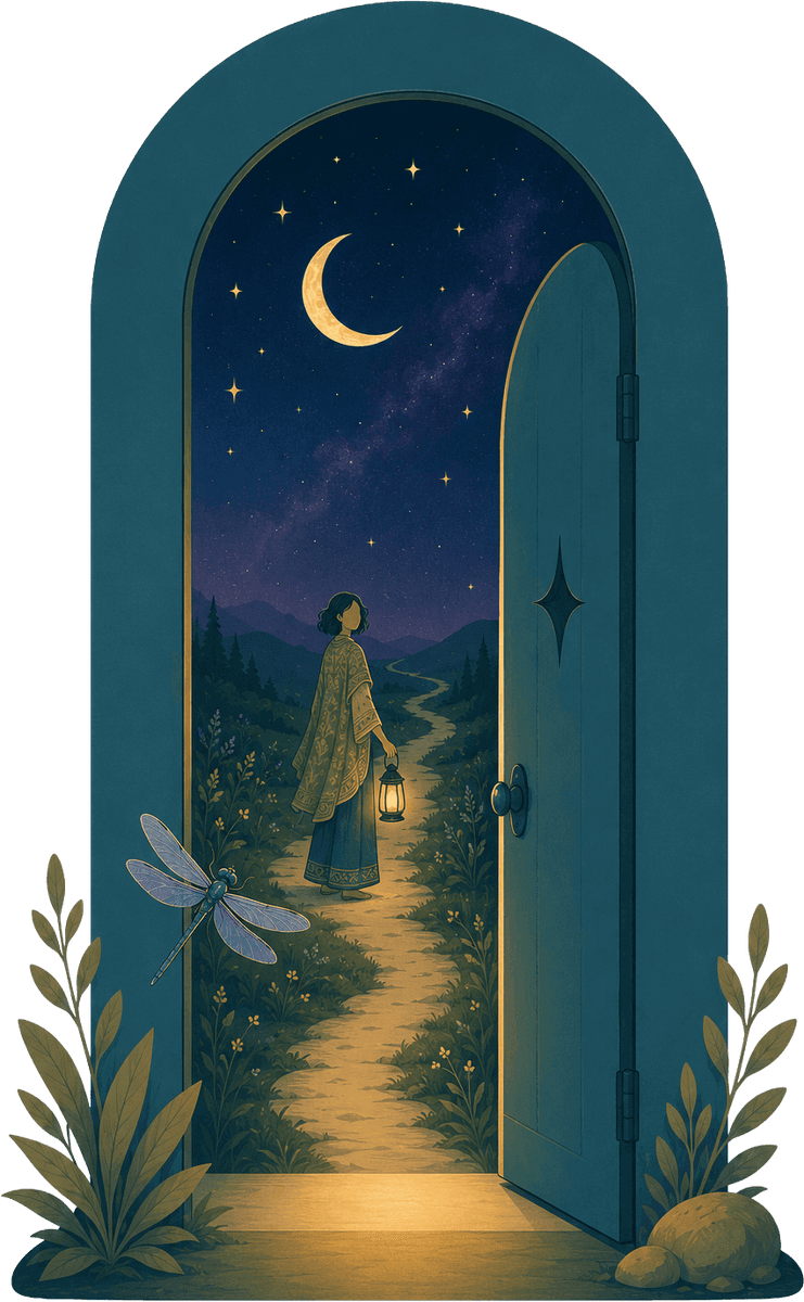 A traveler with a lantern on the path beyond an open door, turned back and waiting