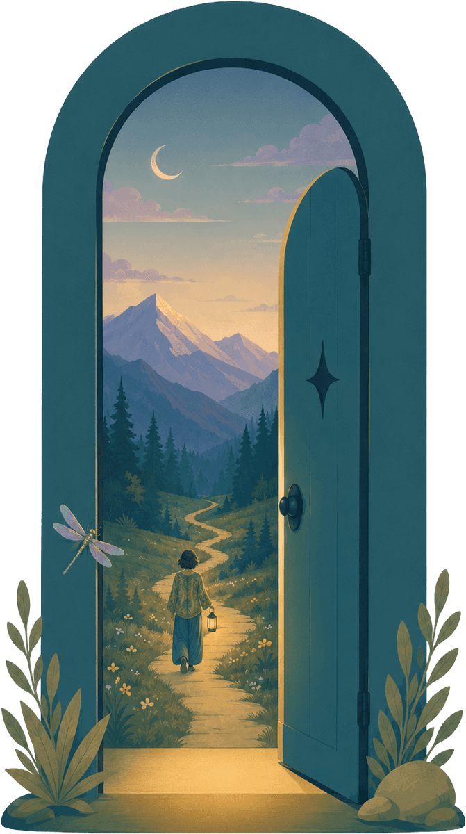 An open turquoise door on a path leading toward mountains under a dawn sky